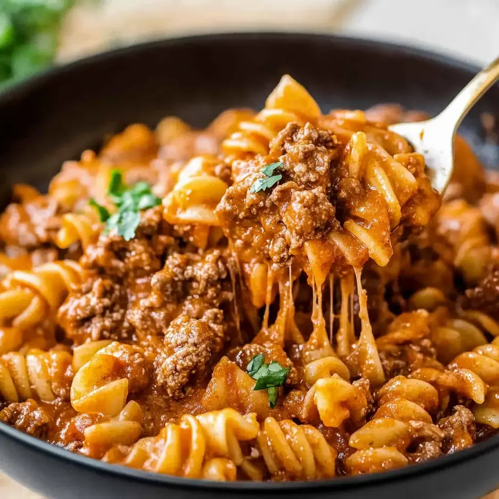 Eine Portion Spiralnudeln vermischt mit Hackfleisch in einer reichhaltigen Tomatensoße, garniert mit frischen Kräutern, wird aus einer schwarzen Schüssel gehoben.
