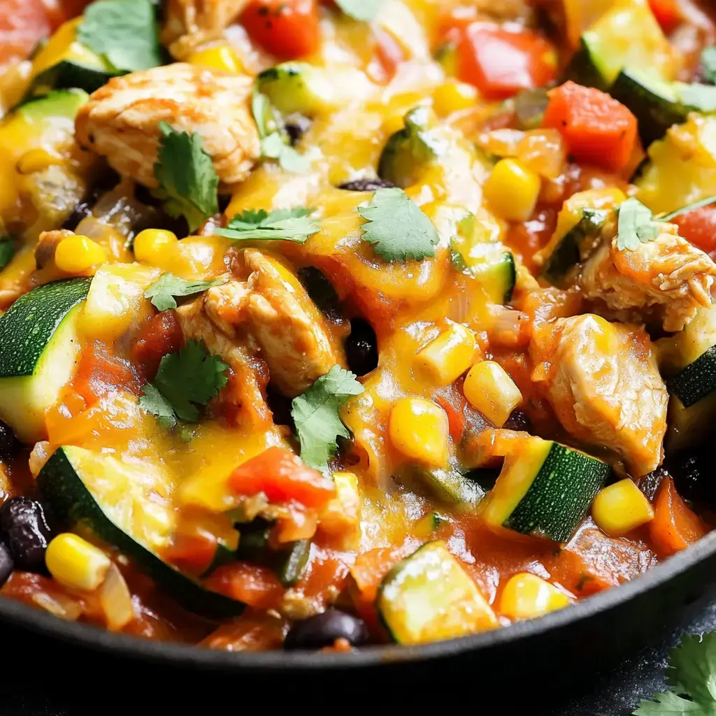 Eine Nahaufnahme eines bunten, käsigen Gerichts mit Hähnchen, Zucchini, Mais, schwarzen Bohnen und gewürfelten Tomaten, garniert mit frischem Koriander.