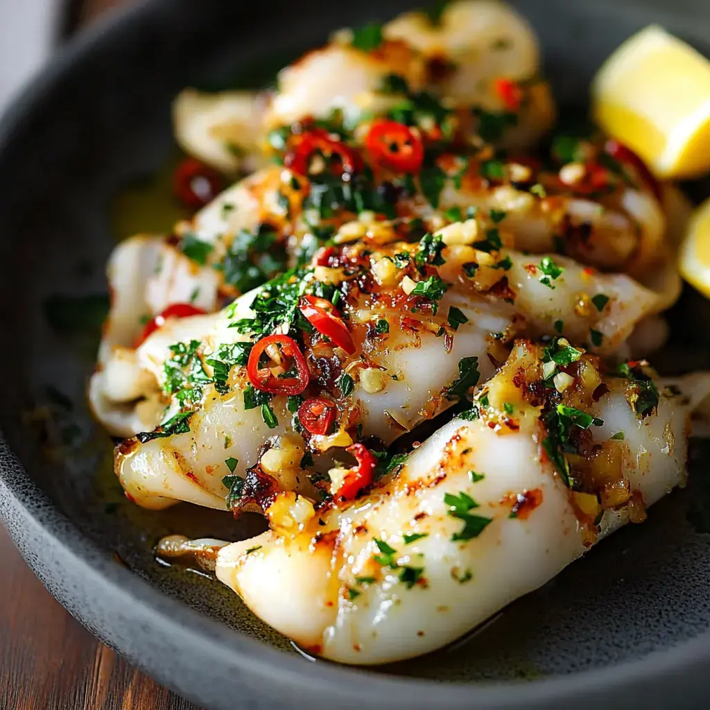 A plate of grilled squid garnished with chopped herbs, garlic, chili, and lemon wedges, set on a dark background.