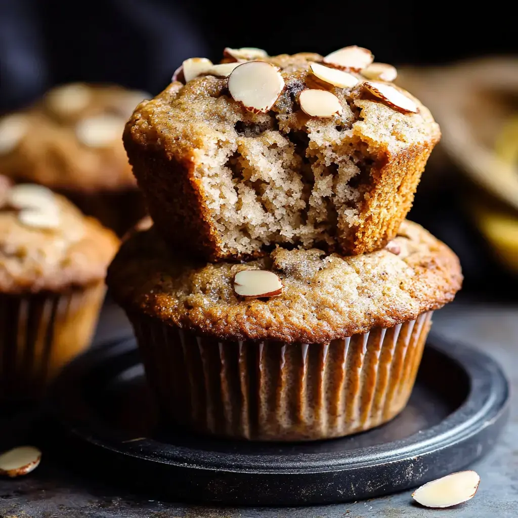 Eine Nahaufnahme von zwei Muffins mit Mandeln obendrauf, einer teilweise aufgebrochen um das weiche Innere zu zeigen, auf einem schwarzen Teller liegend.