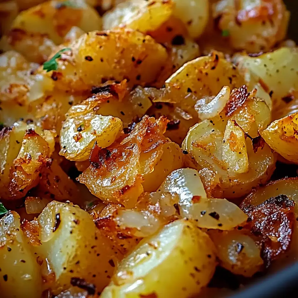 Eine Nahaufnahme von goldbraunen, knusprigen Röstkartoffeln gemischt mit gedünsteten Zwiebeln und Kräutern gewürzt.