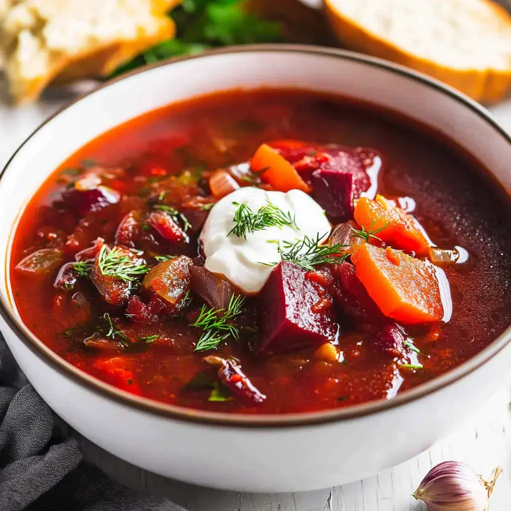 Eine Schüssel leuchtende Rübensuppe garniert mit saurer Sahne und frischem Dill, dazu Brotscheiben und eine Knoblauchzehe.