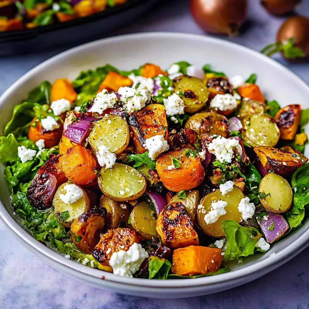 Ein bunter Salat mit geröstetem Gemüse, darunter orange und lila Karotten, Trauben und zerbröckeltem Käse, serviert auf einem Bett aus frischen Blättern.