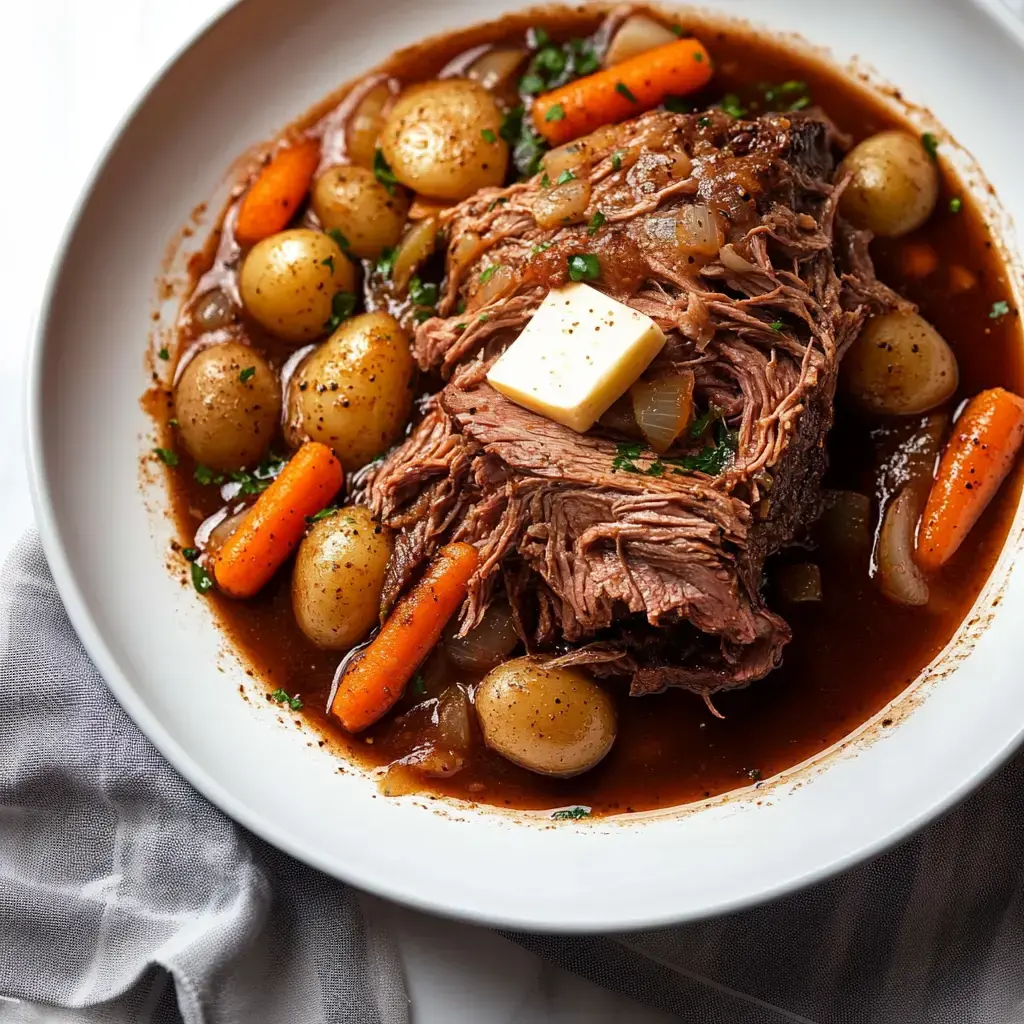 Eine Portion zartes, zerfasertes Rindfleisch mit Karotten und kleinen Kartoffeln in einer reichhaltigen Sauce, gekrönt mit einem Stück Butter und garniert mit Kräutern.
