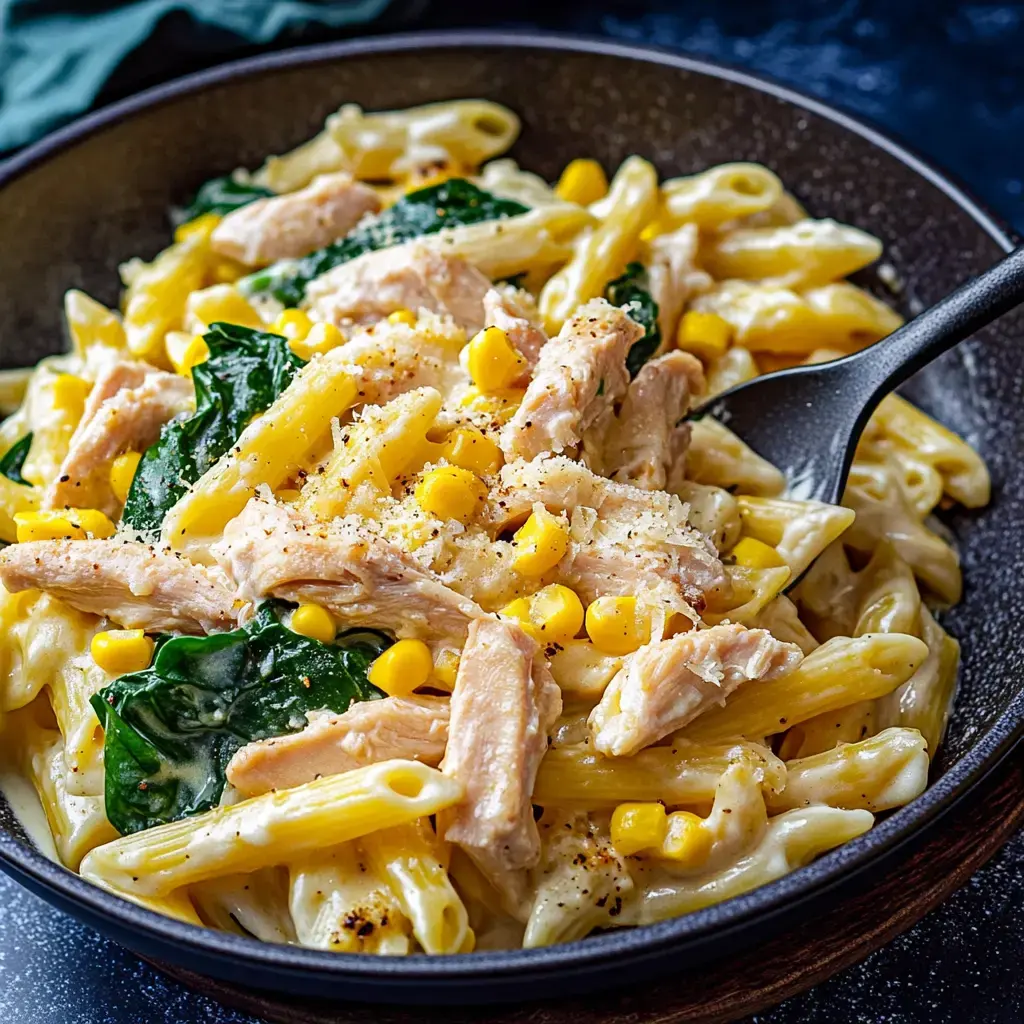 A creamy pasta dish with shredded chicken, spinach, and corn in a bowl, topped with cheese and cracked pepper.