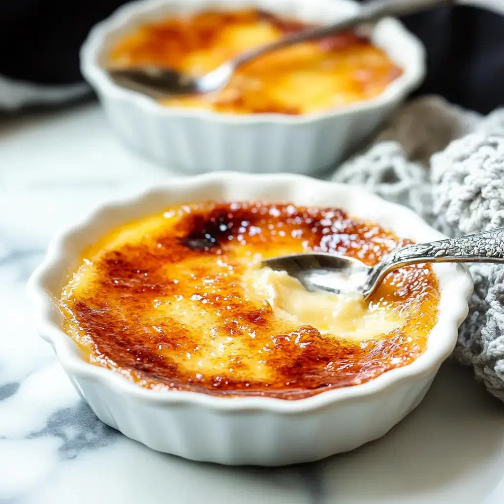 Zwei weiße Förmchen mit Crème Brûlée, eines mit einem Löffel darauf und einem herausgenommenen Stück, auf einer Marmoroberfläche platziert.