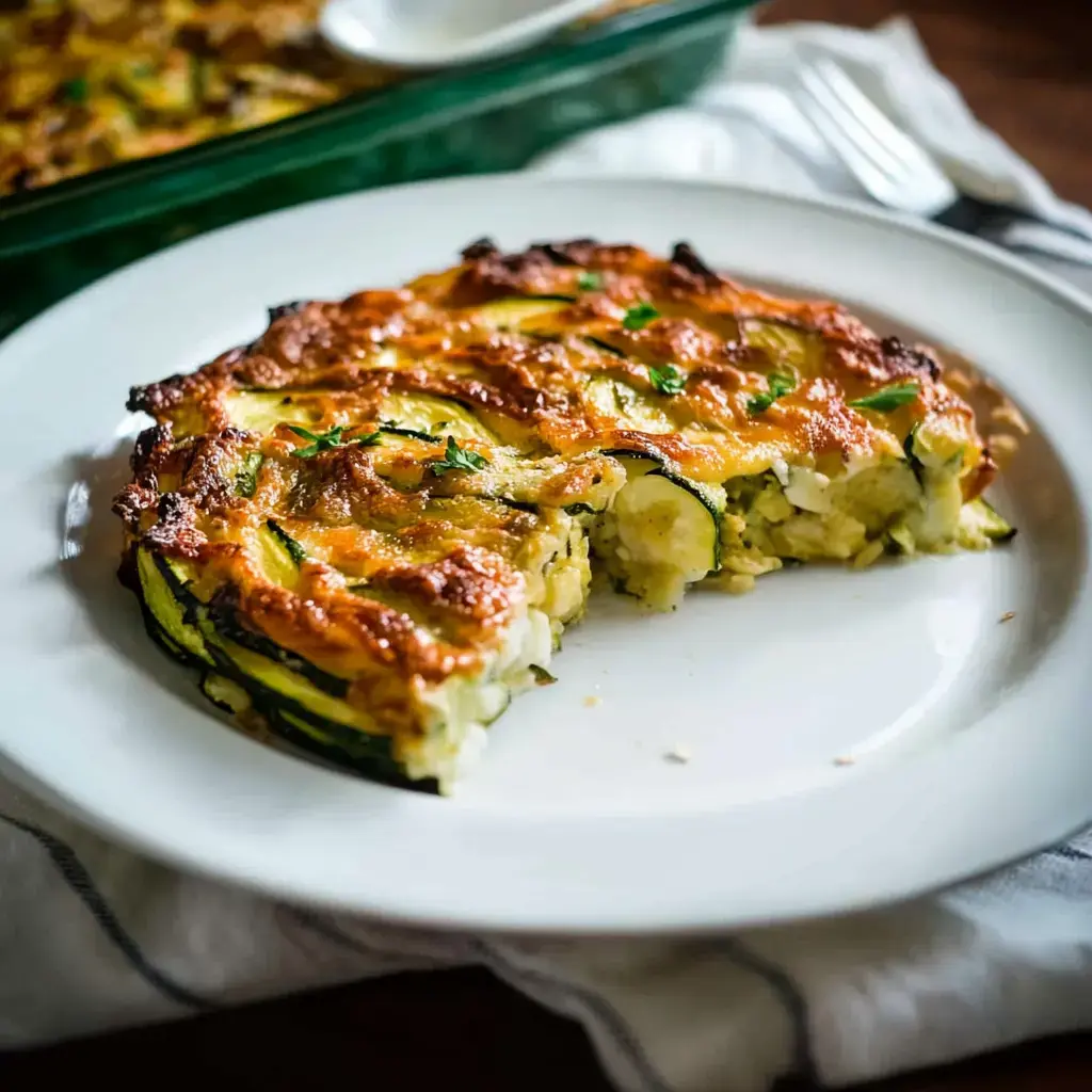 Ein aufgeschnittener Zucchini Auflauf wird auf einem Teller serviert, mit goldbrauner Kruste und cremigem Inneren.