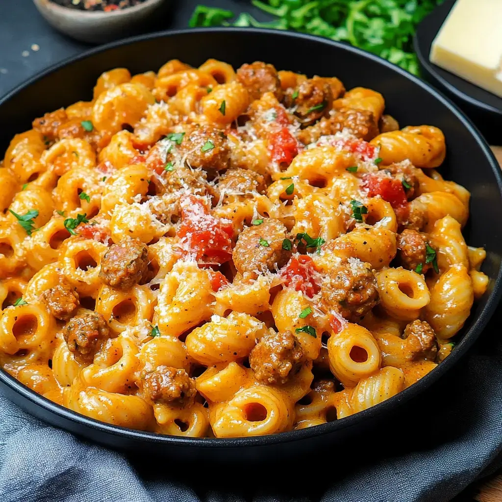Eine Nahaufnahme einer schwarzen Schüssel gefüllt mit cremigen Nudeln, Fleischbällchen, gewürfelten Tomaten und geriebenem Käse, garniert mit Petersilie.