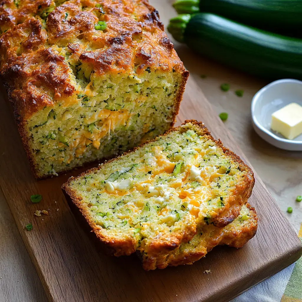 Ein Laib Zucchini-Cheddar-Brot wird auf einem Holzbrett aufgeschnitten und zeigt sein saftiges Inneres mit Käsestücken, daneben frische Zucchini und ein kleines Schälchen Butter.