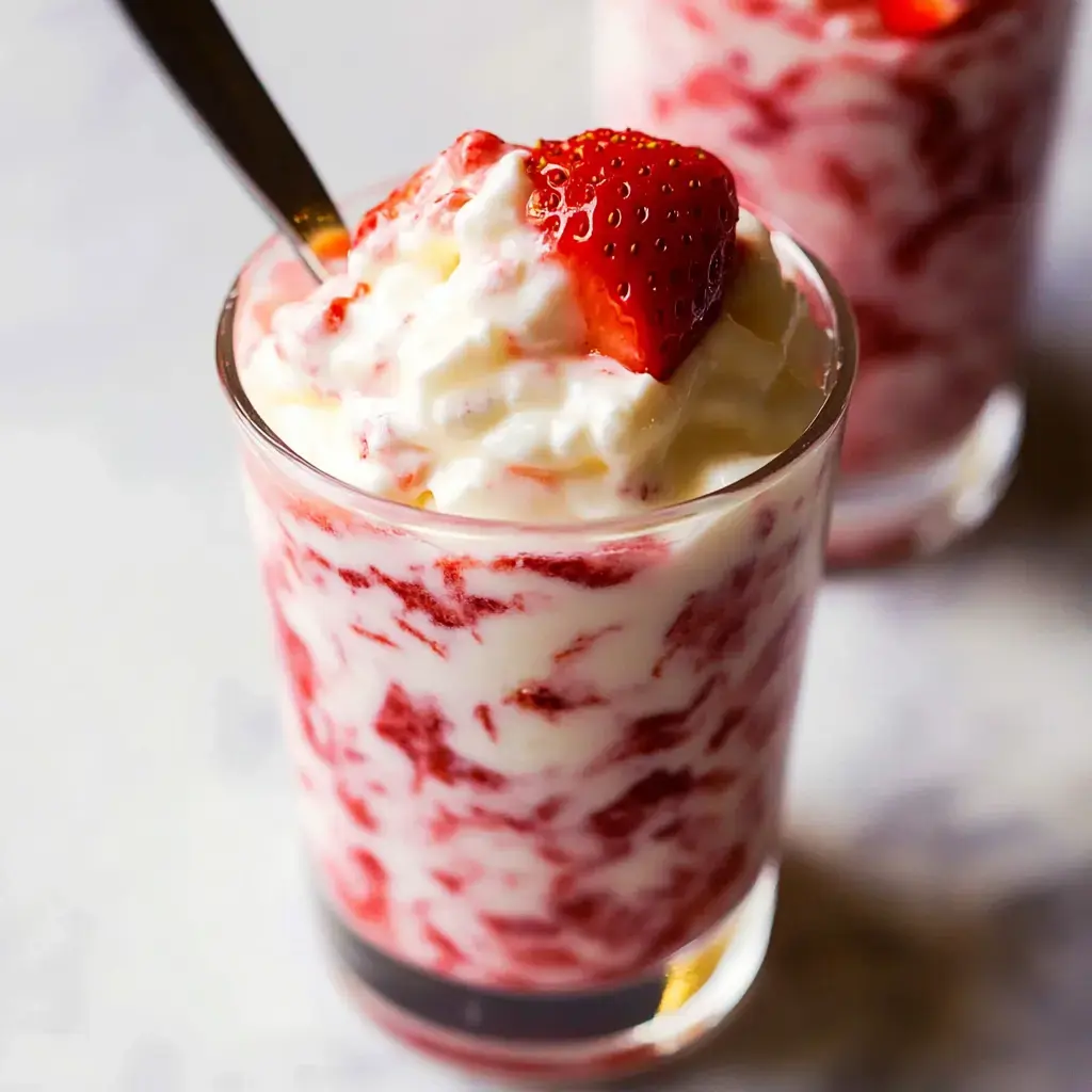 Ein Glasdessert mit Schichten aus Schlagsahne und Erdbeerpüree, garniert mit einer frischen Erdbeere.