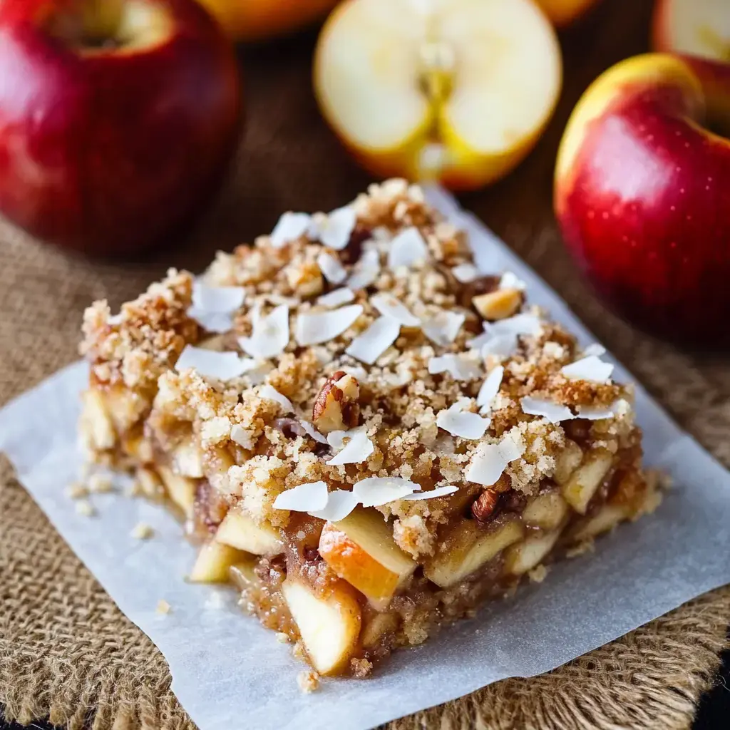 Ein Stück Apfel-Crumble-Dessert mit Kokosflocken bestreut, umgeben von frischen Äpfeln auf einer strukturierten Oberfläche.