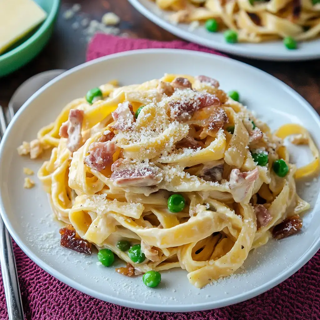 Ein Teller mit cremigen Nudeln mit Speck, Erbsen und geriebenem Parmesan, serviert auf einem weißen Teller mit einem lila Tuch darunter.