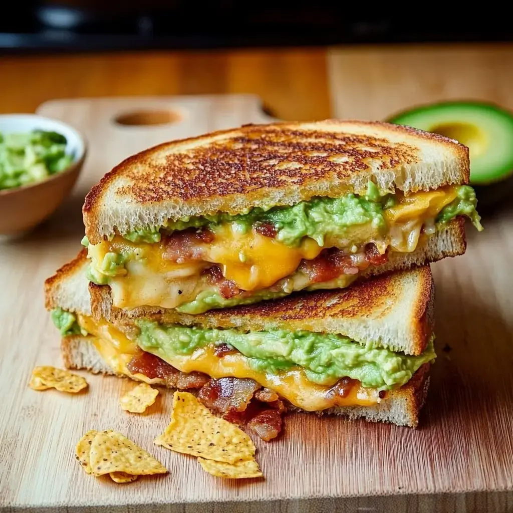 Eine Nahaufnahme eines getoasteten Sandwiches gefüllt mit geschmolzenem Käse, Speck und Guacamole, serviert auf einem Holzbrett mit Tortillachips und einer Schüssel Guacamole im Hintergrund.