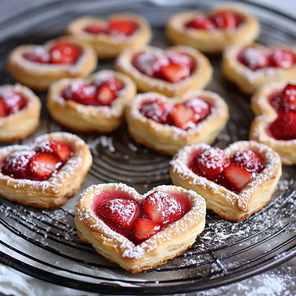 Ein Teller mit herzförmigen Gebäckstücken gefüllt mit Erdbeeren und bestäubt mit Puderzucker.