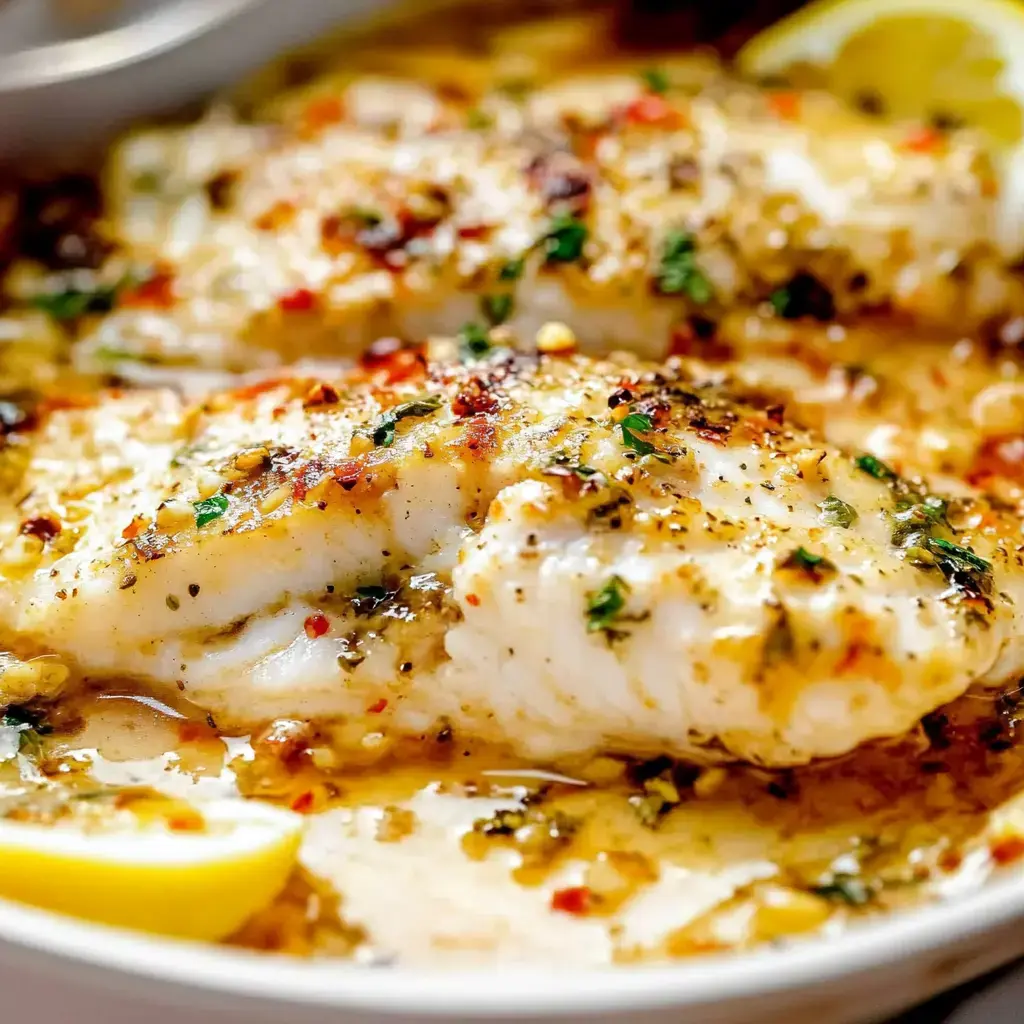 Eine Nahaufnahme von zwei Stücken gegartem Fisch in einer würzigen Sauce, garniert mit Kräutern und Gewürzen, dazu Zitronenspalten.