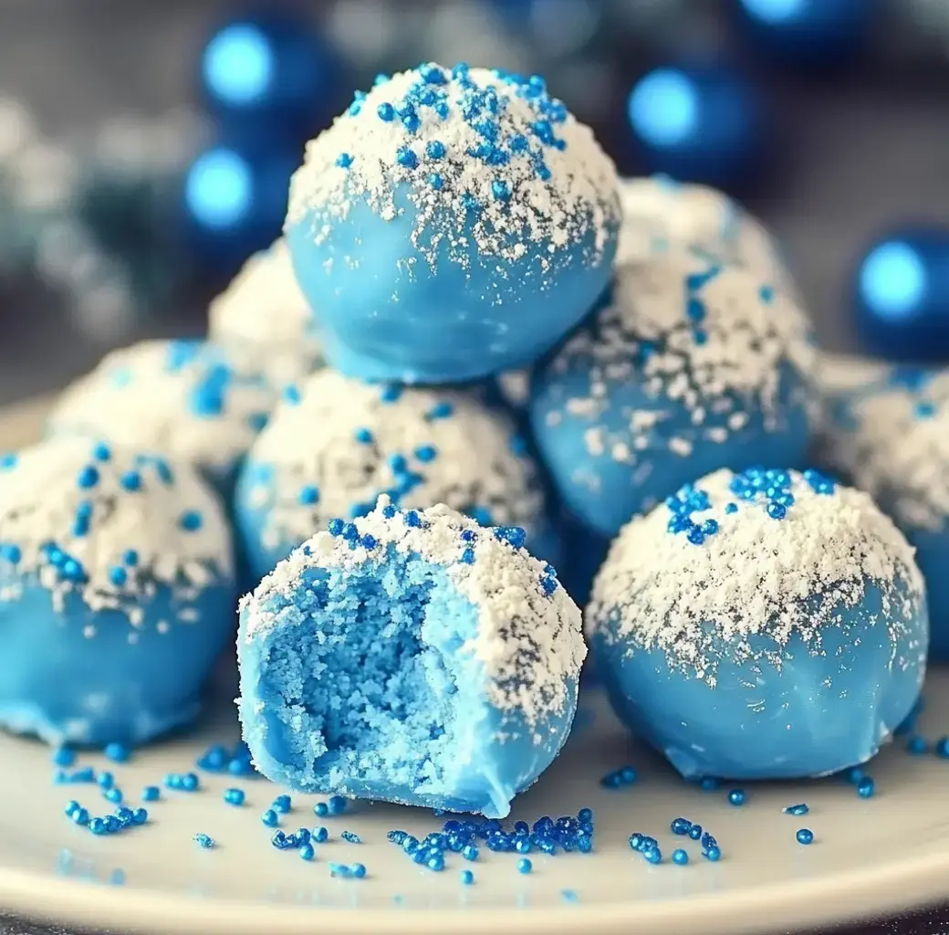 Ein Teller voller blauer Bällchen mit weißem und blauem Zuckerdekor, eines angebissen – innen kräftig blau.