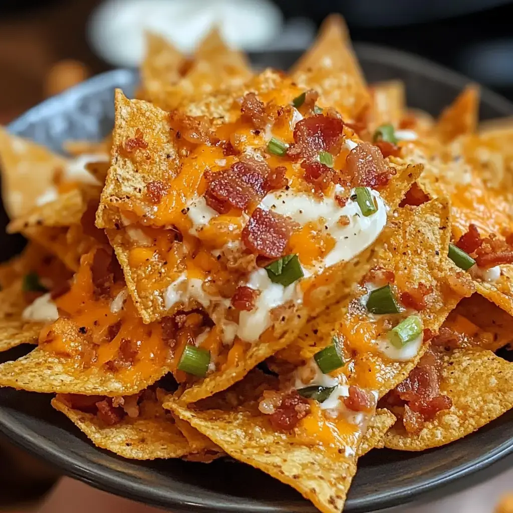 Nahaufnahme: Doritos-Chips mit zerlaufenem Kase, knusprigem Bacon und frischen Lauchzwiebeln.