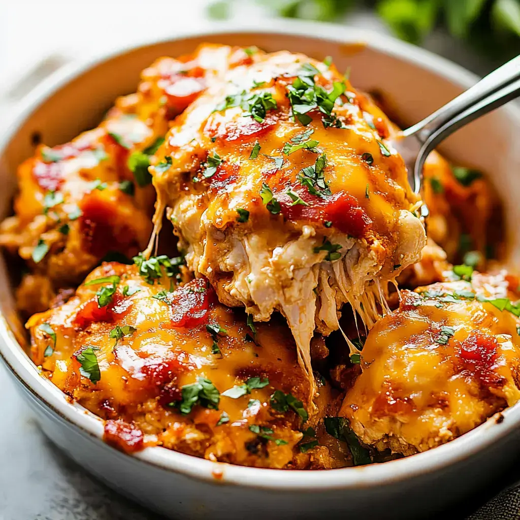 Eine Portion käsiges, gebackenes Hähnchen mit Tomatensauce und Kräutern garniert auf einem Teller.