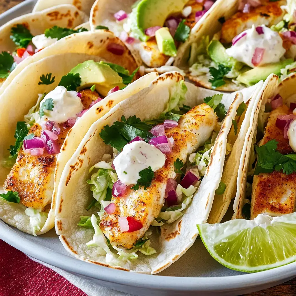Ein Teller mit Fisch-Tacos gefüllt mit gegrilltem Fisch, Salat, Avocado, gewürfelten roten Zwiebeln, Koriander und einem Klecks cremiger Sauce, garniert mit Limettenschnitzen.