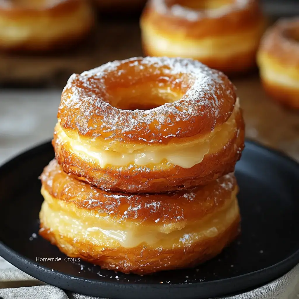 Zwei mit Creme gefüllte Cronuts, mit Puderzucker bestäubt, auf einem schwarzen Teller gestapelt.
