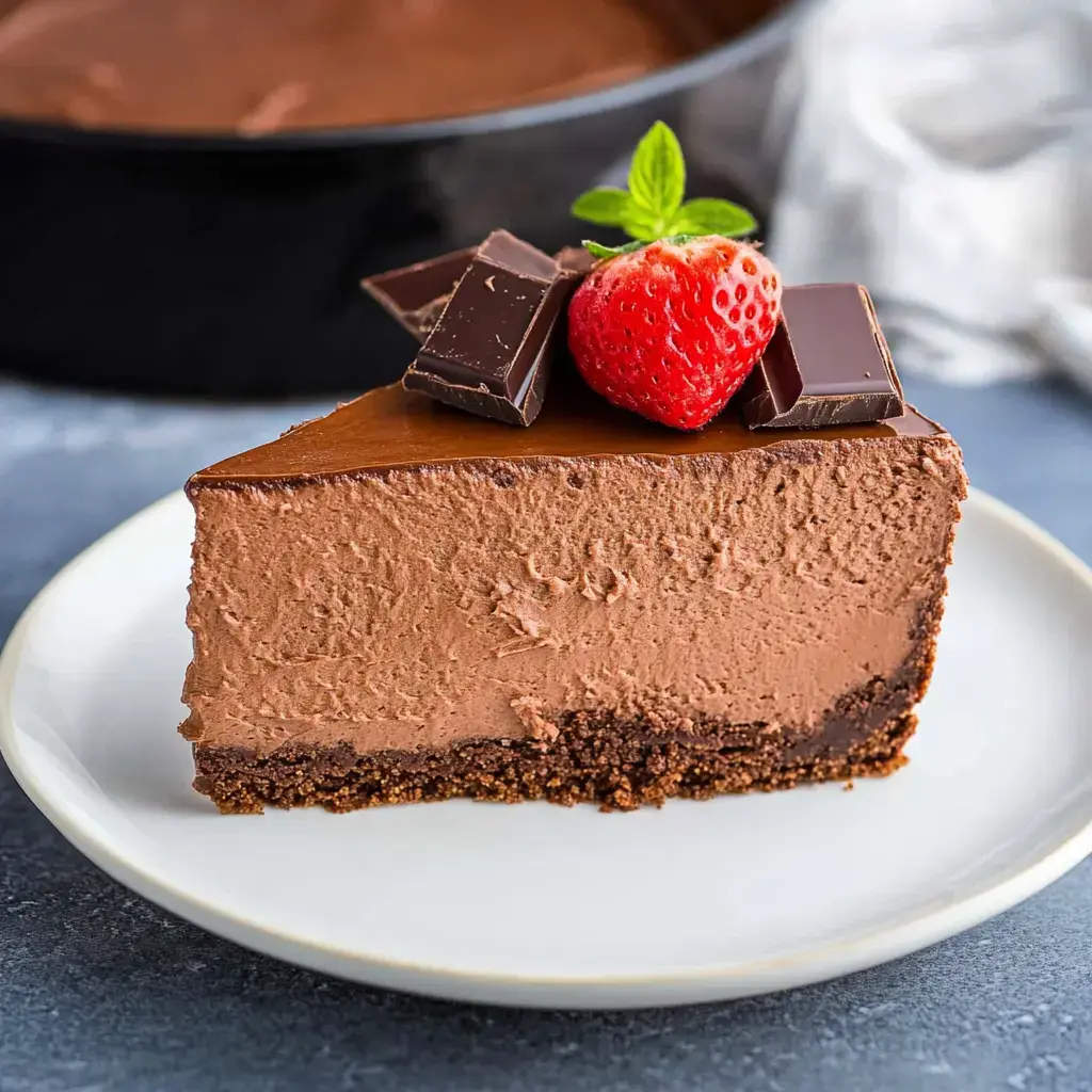 Ein Stück Schokoladen-Käsekuchen garniert mit einer frischen Erdbeere und Schokoladenstückchen auf einem weißen Teller.