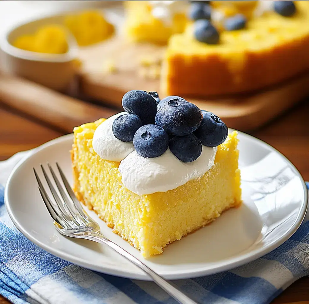 Ein Stück gelber Kuchen mit Schlagsahne und frischen Blaubeeren, serviert auf einem weißen Teller auf einer blau-weiß karierten Tischdecke.