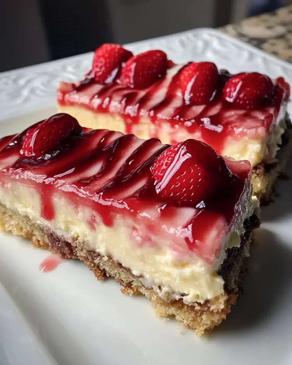 Nahaufnahme von zwei Erdbeer-Kasekuchen-Stücken mit frischen Erdbeeren und roter Glasur auf weißem Teller.