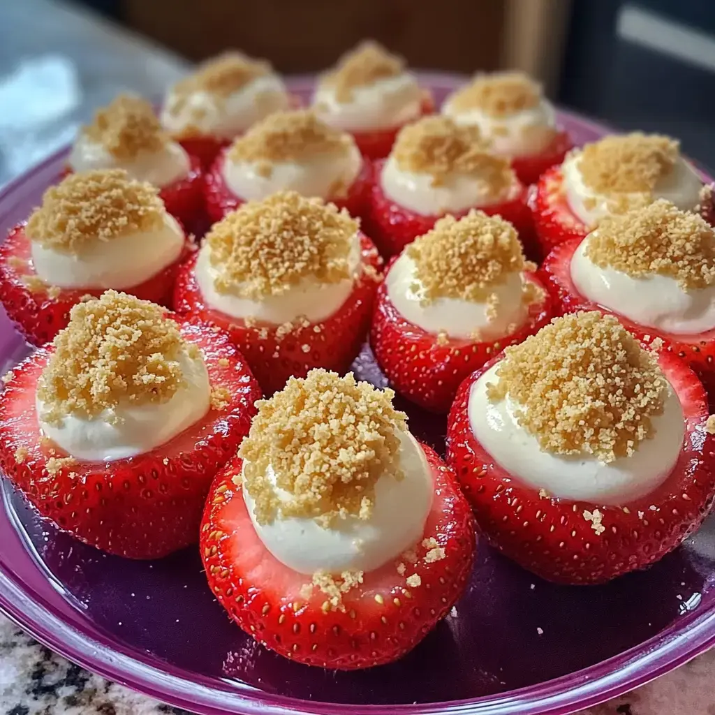 Ein Teller mit halbierten Erdbeeren, gefüllt mit Sahnecreme und Keksstreuseln bestreut.