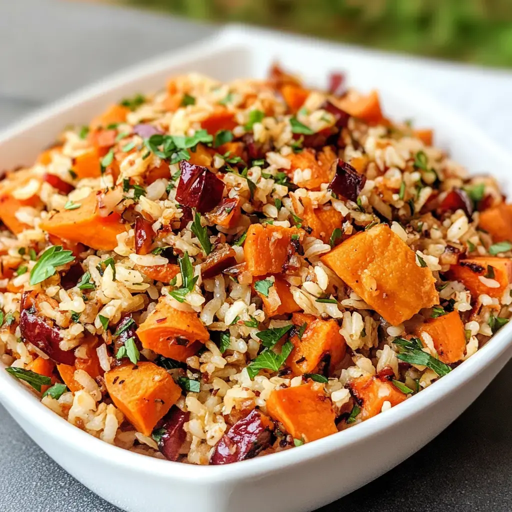 Zu sehen: eine weiße Schüssel voller gebackener Süßkartoffelwürfel, Reis, Cranberries und frischen Kräutern.