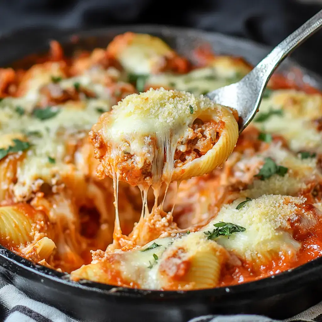 Eine Gabel hebt eine käsige gefüllte Muschelnnudel aus einer Pfanne mit Marinara-Soße und geschmolzenem Käse, garniert mit Kräutern.