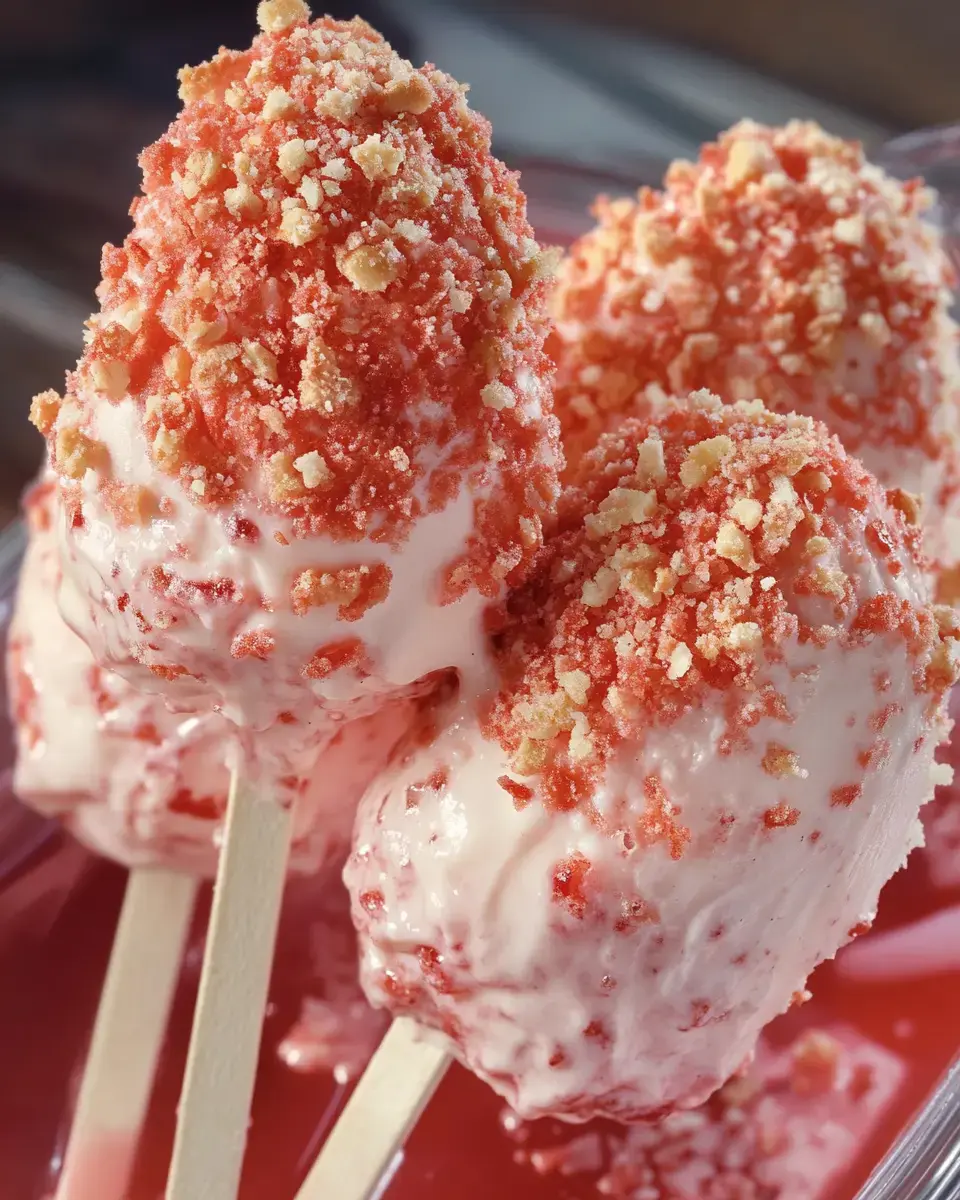 Drei Eis am Stiel mit buntem Streusel liegen in einer roten Fluessigkeit.