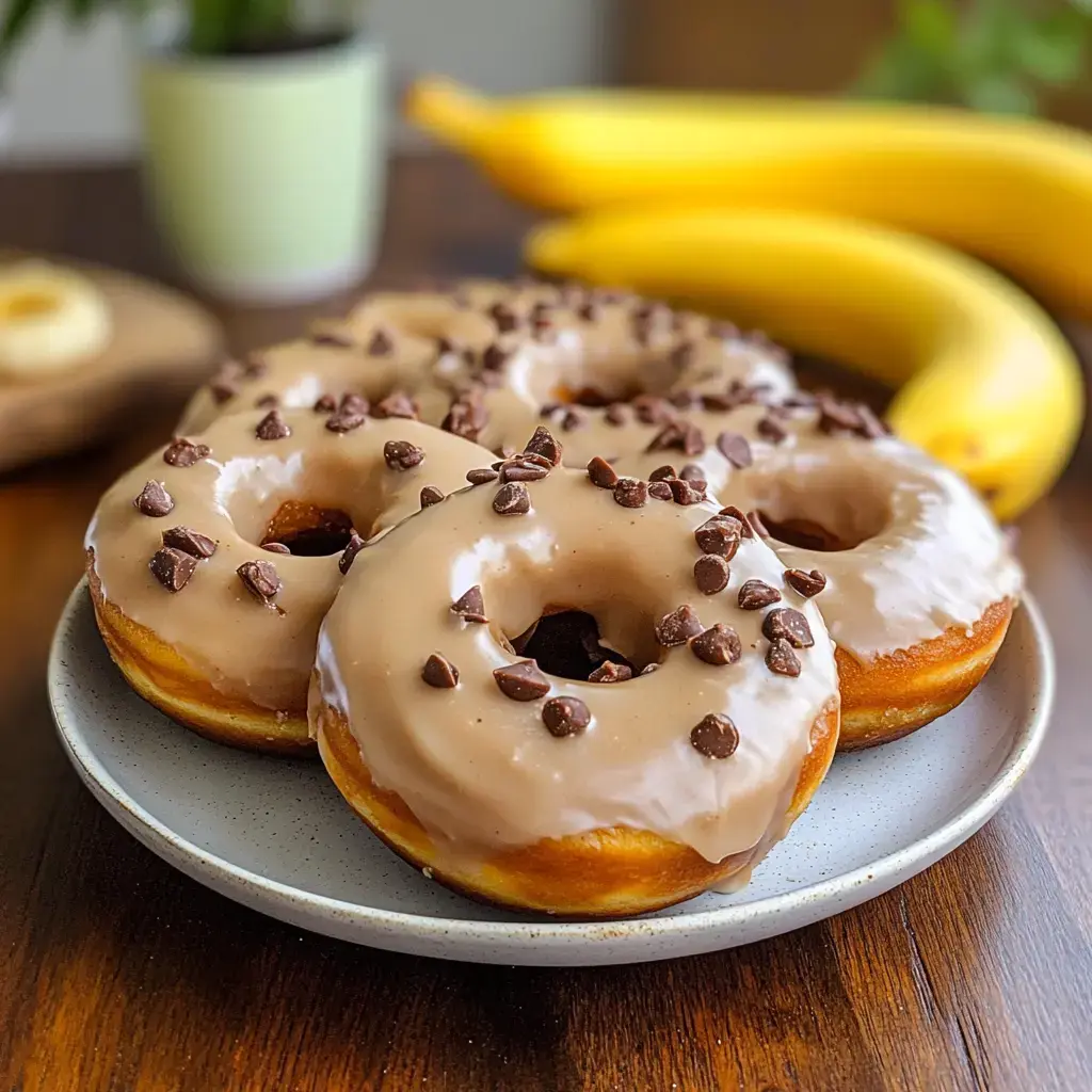 Ein Teller voller schokoladiger Donuts mit Mini-Schokostücken, daneben Bananen und eine Pflanze.