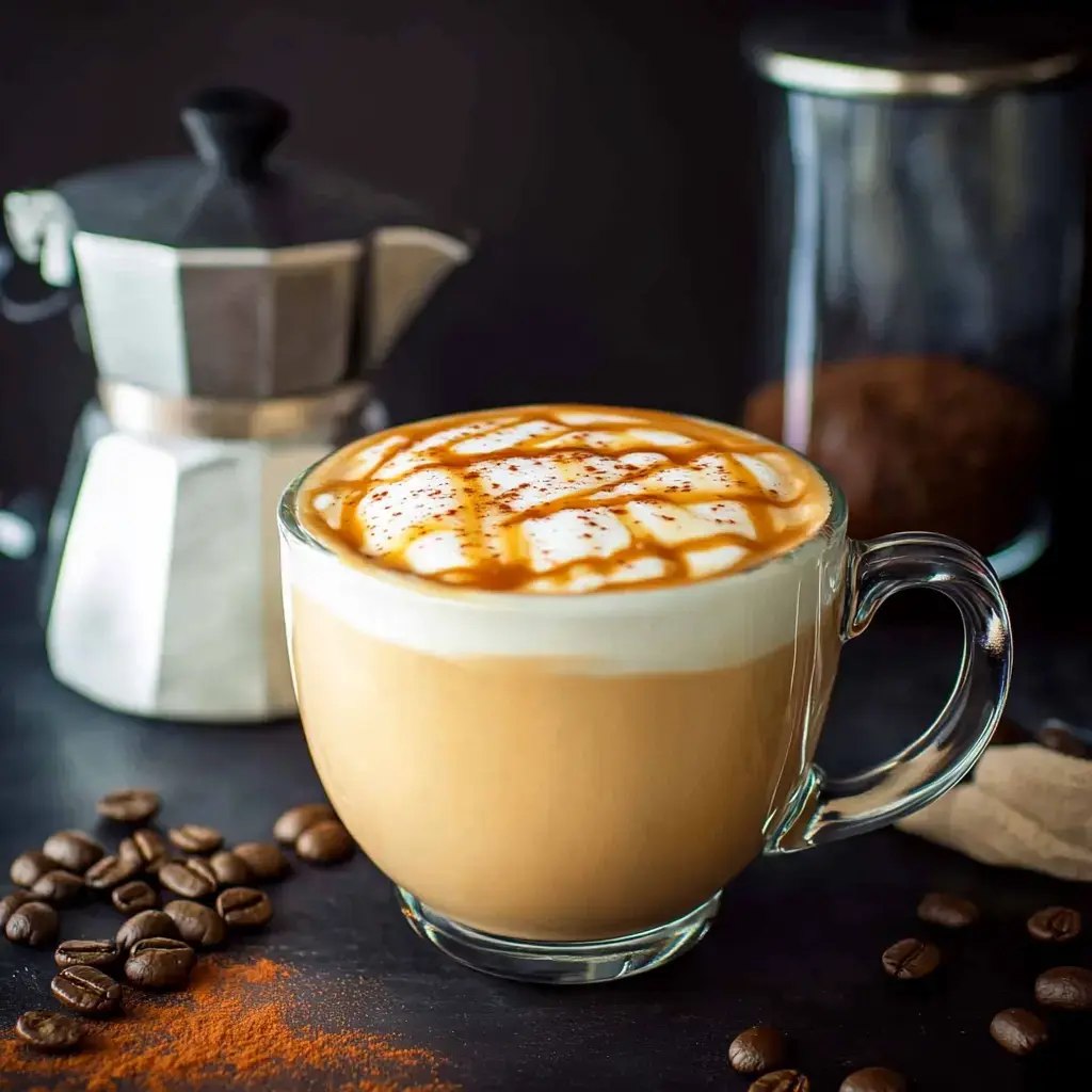 Eine Glastasse Kaffee mit Schlagsahne und Karamellsoße, umgeben von Kaffeebohnen und einem Herdkocher für Espresso.