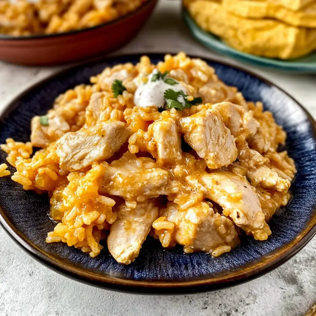 Ein Teller mit cremigem Huhn und Reis, garniert mit Koriander und einem Klecks Sauce, mit verschwommenem Hintergrund weiterer Speisen.