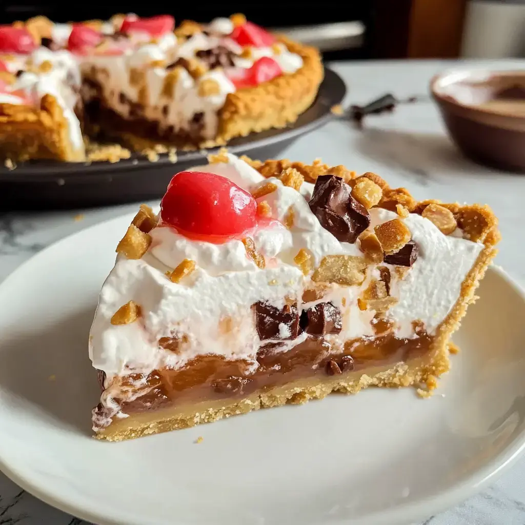 Ein Stück cremiger Schichtkuchen mit Keksboden, Schokoladenfüllung, Sahnehäubchen, dekoriert mit Kirschen und Schokoladenstückchen.