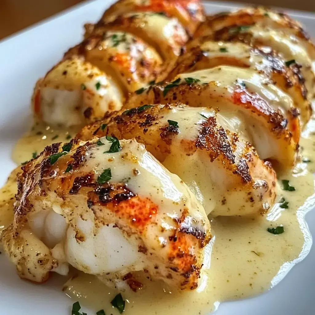 Gegrillte Hummerschwänze mit cremiger Soße und etwas Petersilie auf dem Teller serviert.