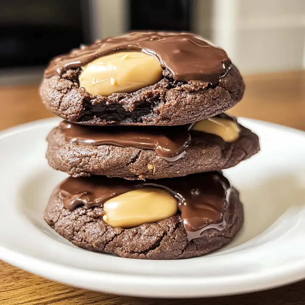 Drei Schoko-Cookies übereinander mit glänzender Schokolade und Erdnusscreme auf einem weißen Teller.