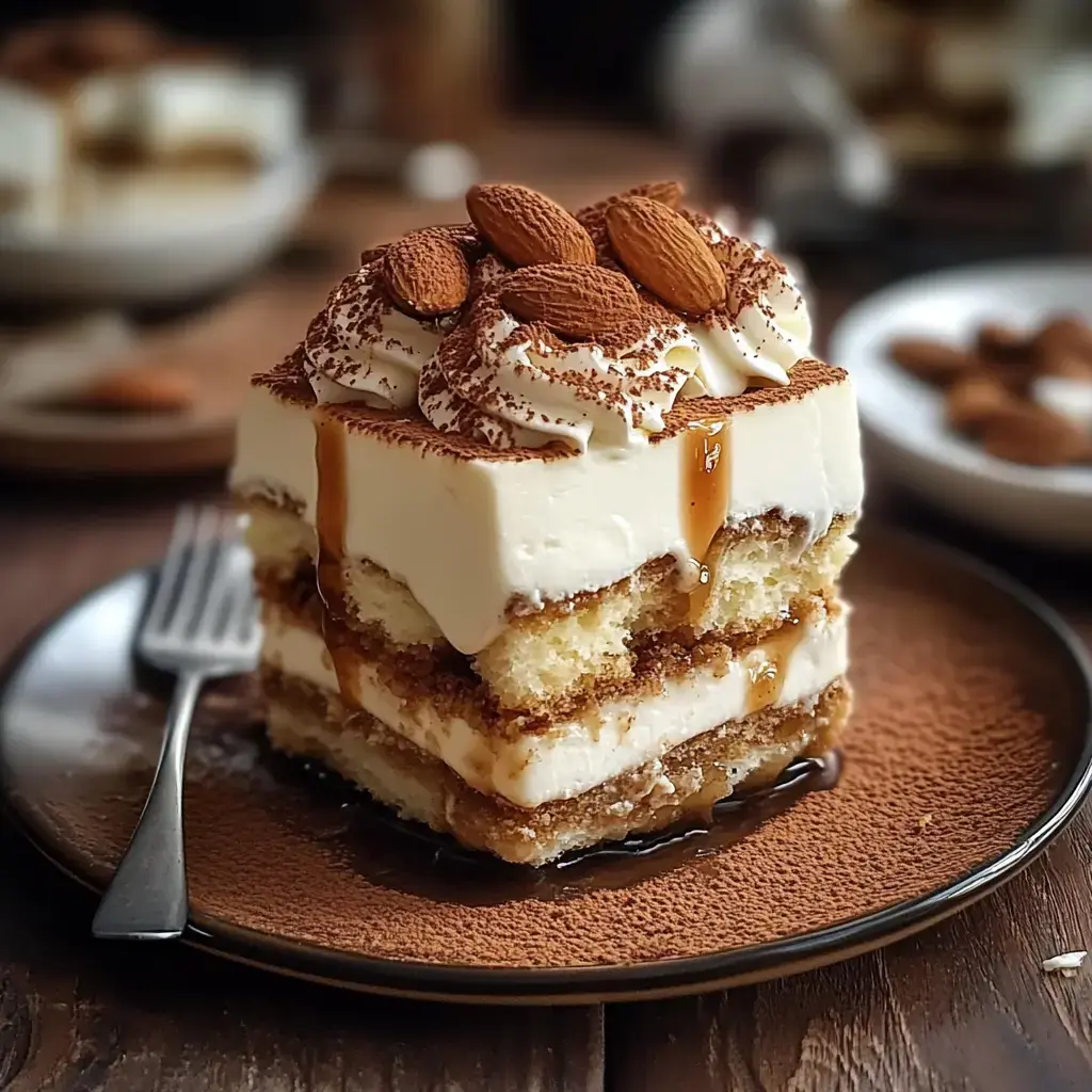 Ein traumhaft geschichtetes Dessert mit Mandeln, Sahne und Karamell auf dunklem Teller.