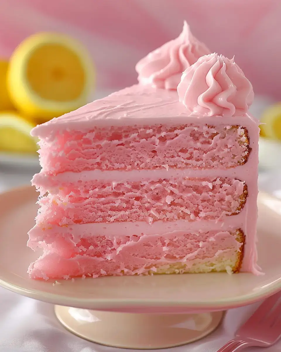 Ein Stück Torte mit rosa Creme, lockeren Böden und Deko sitzt auf einem Teller, im Hintergrund frische Zitronen.