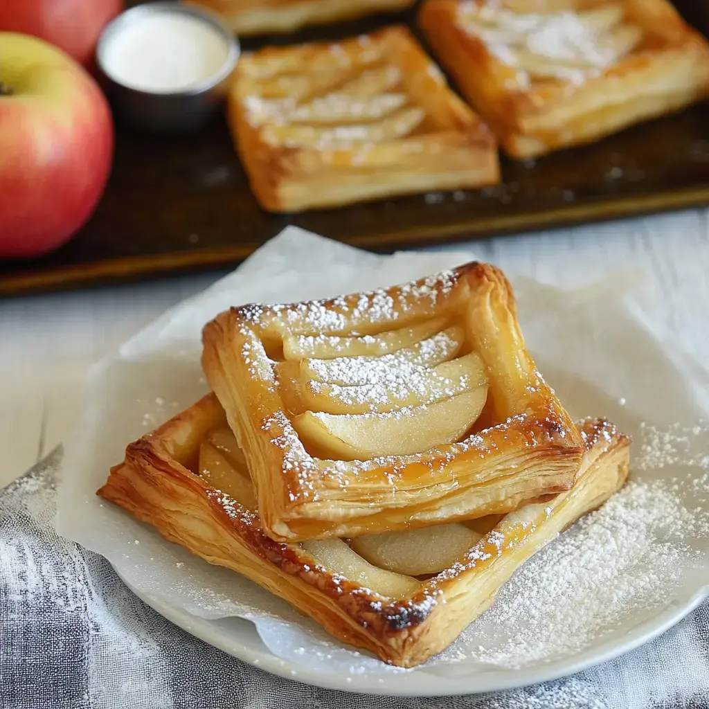 Ein angerichtetes Dessert mit knusprigen Blätterteigquadraten gefüllt mit Apfelscheiben und bestäubt mit Puderzucker, begleitet von frischen Äpfeln und einem kleinen Schälchen Sahne.