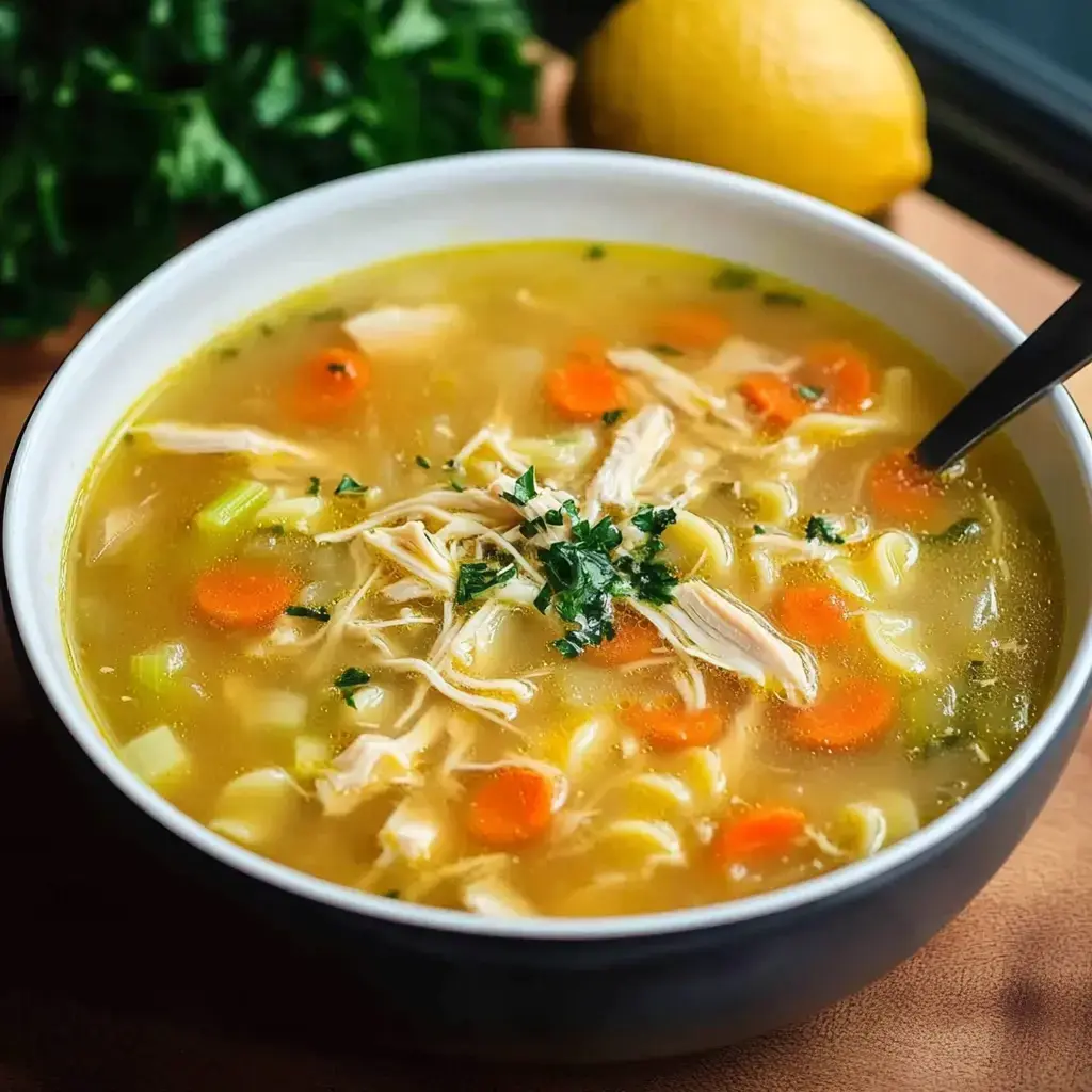 Eine Schüssel kräftige Hühnersuppe mit Nudeln, Karotten und Kräutern, daneben eine Zitrone.