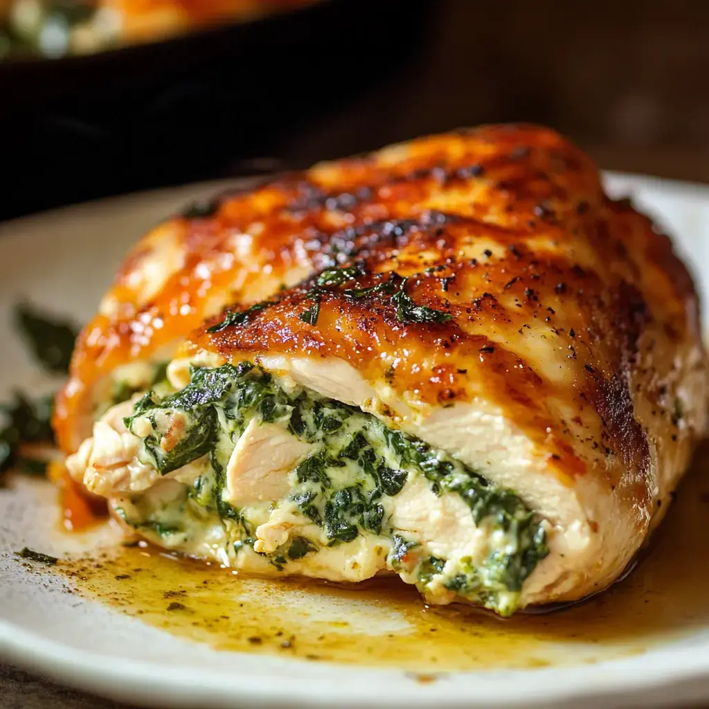 Eine Nahaufnahme einer gefüllten Hähnchenbrust mit Spinat, Käse und Kräutern, die auf einem Teller mit einem Hauch Sauce ruht.