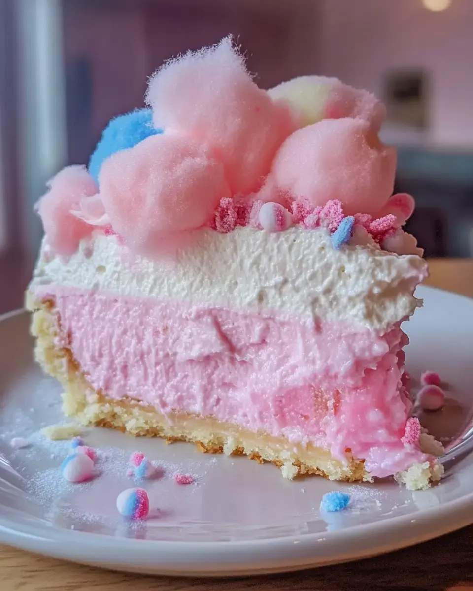 Ein Stück bunter, geschichteter Kuchen mit Zuckerwatte und Streuseln auf einem Teller.