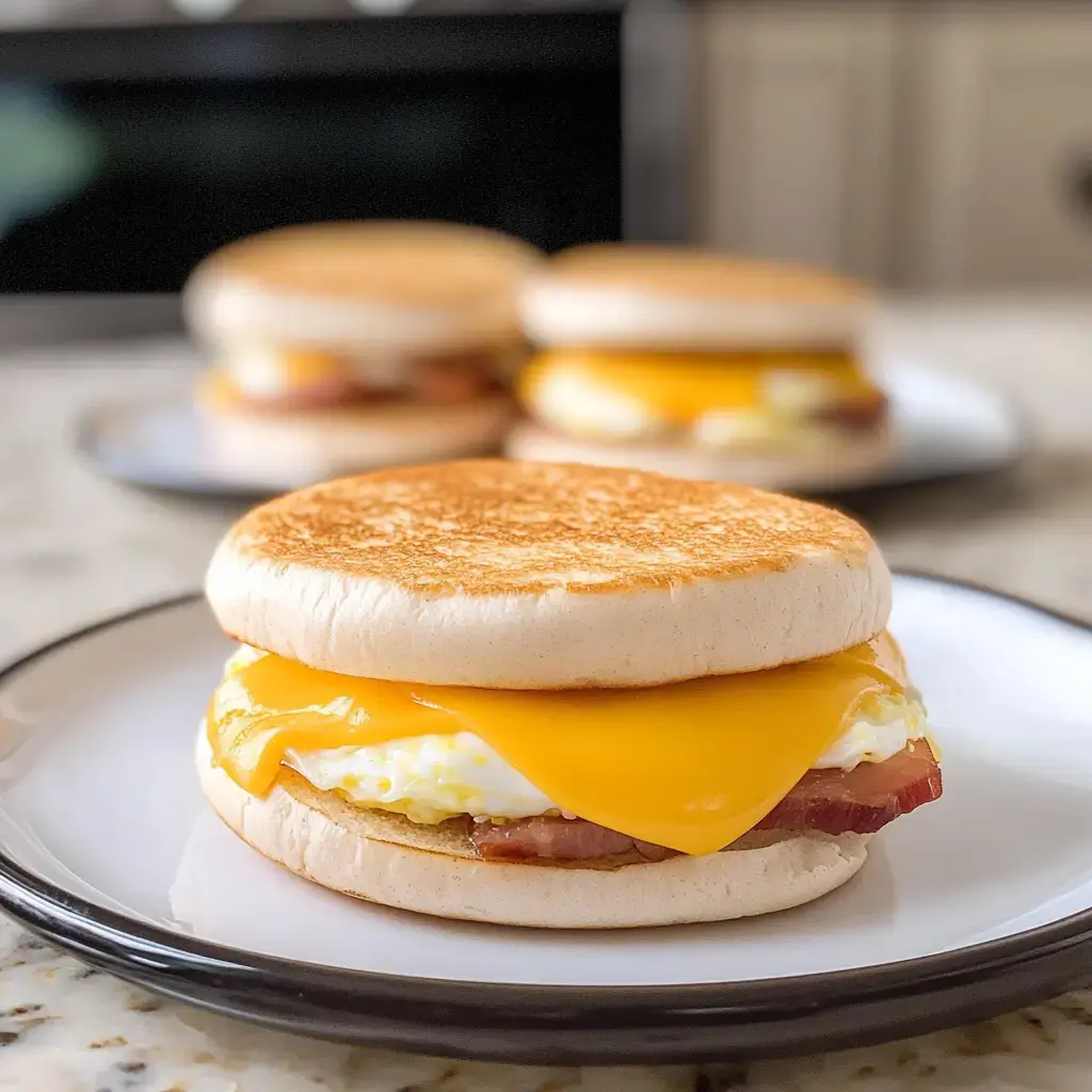 Ein getoastetes Englisches Muffin-Sandwich gefüllt mit Spiegelei, Speck und geschmolzenem Cheddar wird auf einem Teller präsentiert, mit weiteren Sandwiches im Hintergrund.