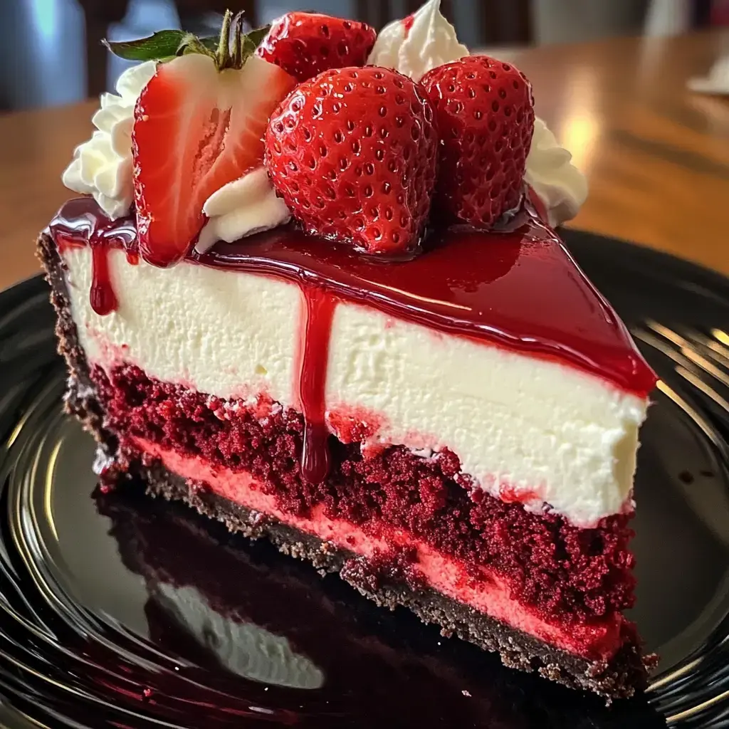Stück Rote Samt Käsekuchen mit frischen Erdbeeren, Sahne und glänzendem Fruchtspiegel auf dunklem Teller.