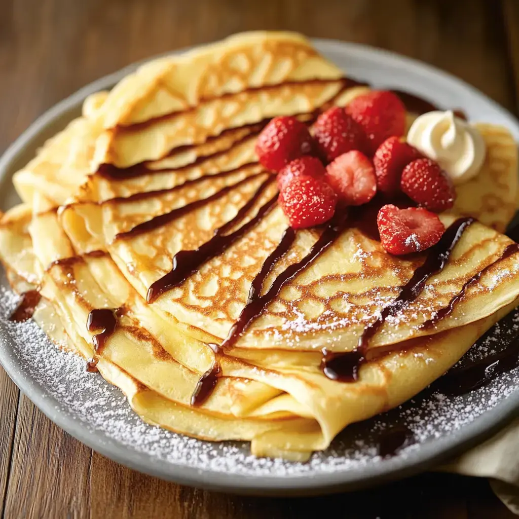 A stack of delicate crepes topped with fresh strawberries, drizzled in chocolate, and finished with whipped cream.