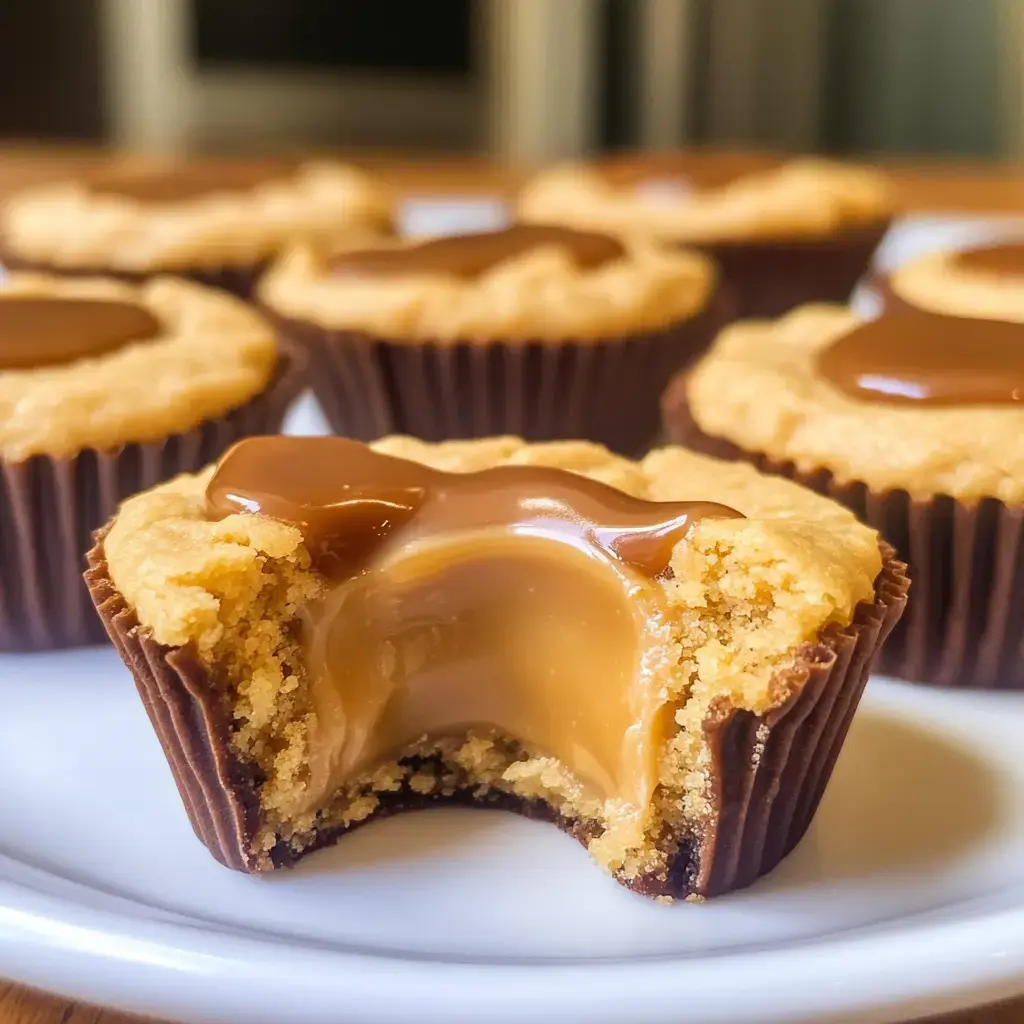 Nahaufnahme eines Keksbechers mit Caramelfüllung, umgeben von weiteren Keksbechern auf weißem Teller.