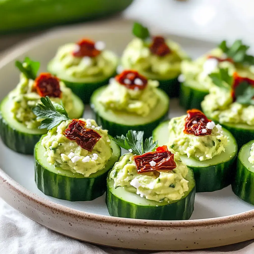 Ein Teller Gurkenscheiben mit cremigem Avocadoaufstrich, Tomaten und frischer Petersilie.