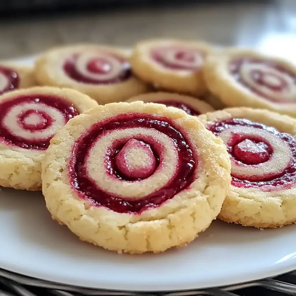 Nahaufnahme runder Kekse, eingerollt mit Himbeermarmelade, angerichtet auf einem weißen Teller.