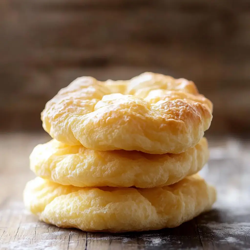Ein Stapel von drei goldenen, fluffigen Brötchen liegt auf einer Holzoberfläche.